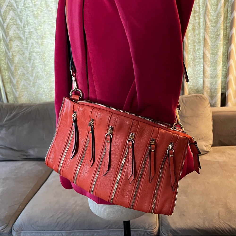 Sondra Roberts SR2 zipper detail burnt orange crossbody bag w/ detachable strap